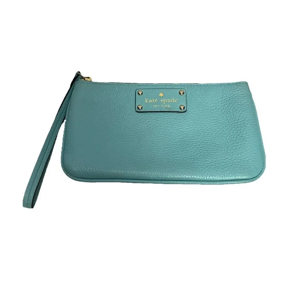 KATE SPADE NEW YORK ZIP TOP WRISTLET CLUTCH mint PEBBLED LEATHER PURSE